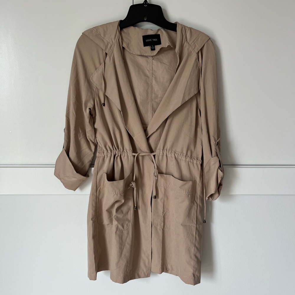 Love Tree Beige Lightweight Hooded Trench Coat with Drawstring Waist